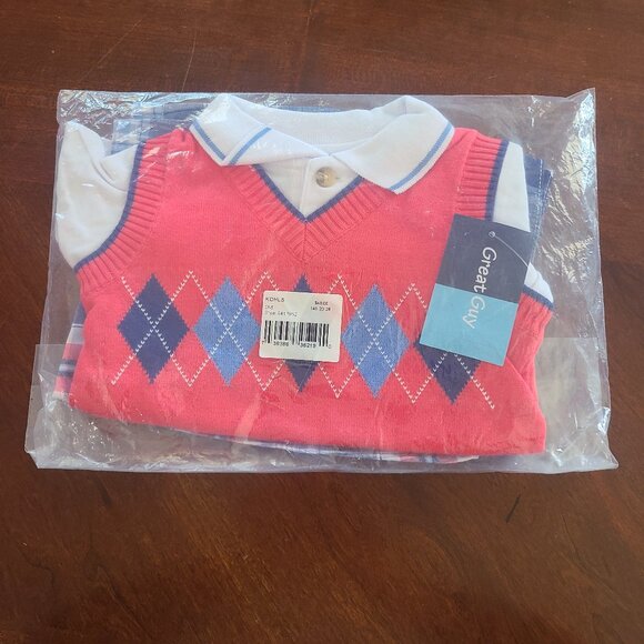 Kohl’s Baby Boy Sweater Vest, Collared Shirt & Shorts Set, Red, 12M, 3pc, Nwt - Picture 1 of 2